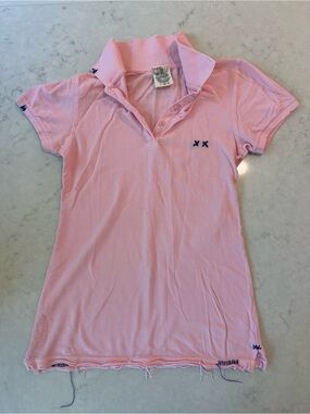 Project E Vintage Womens Light Pink Distressed Fitted Polo Tee Y2K Sz Medium